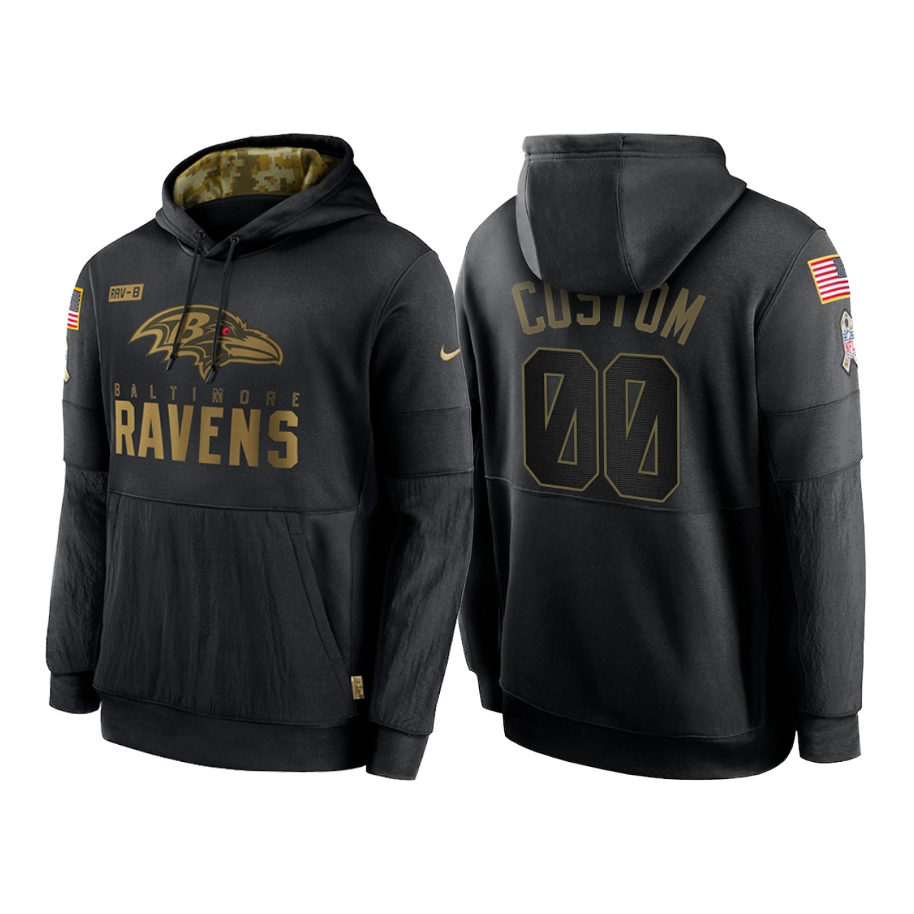 Men's Baltimore Ravens Customized 2020 Black Salute To Service Sideline Performance Pullover Hoodie